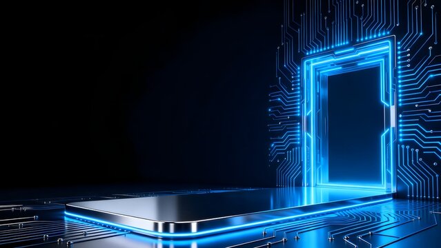 Futuristic circuit board with glowing portal