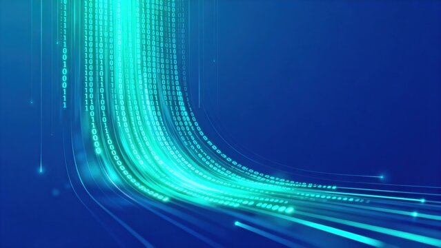 Digital binary code flow on blue background