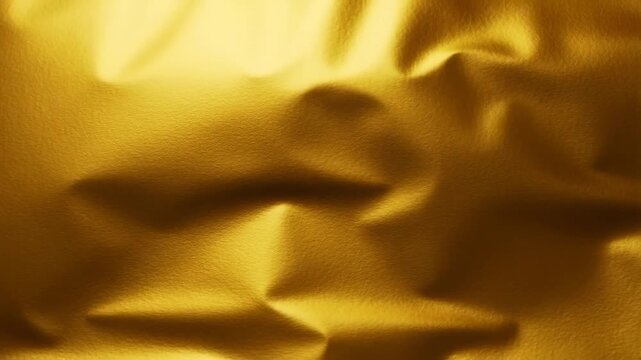 Slow motion close up of gold foil rippling and folding on textured metallic surface under soft studio lighting with tight framing