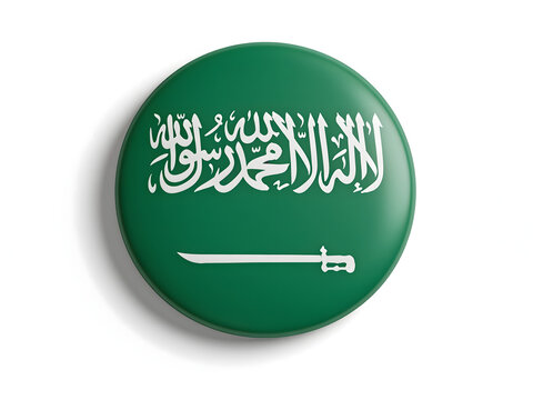 Saudi arabia flag emblem on green round pin isolated over white professional lighting.