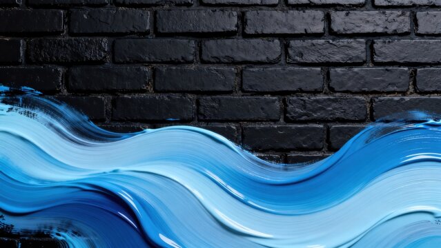 Blue paint wave on black brick wall