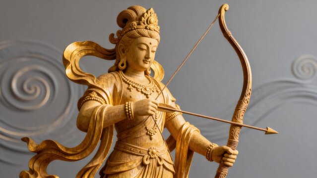 Wooden statue of deity with bow and arrow