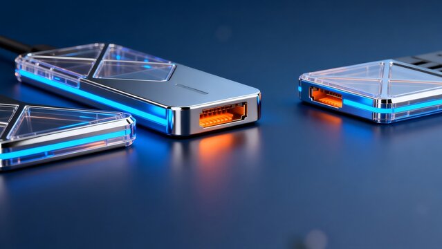 Futuristic USB devices with glowing lights