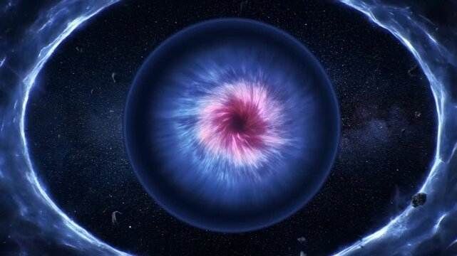 Slow zoom tracking shot of cosmic vortex eye swirling and pulsing inside circular asteroid ring amid deep space starfield and nebula background