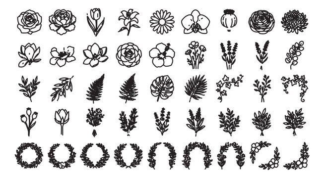 Minimalist floral line art icons, set of 45 botanical vector illustrations, black hand drawn flower sketches and leaf wreaths for wedding stationery