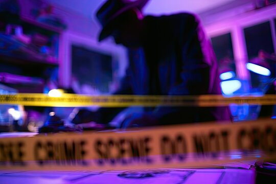 Blurred figure in hat and suit bends over desk, behind yellow crime scene tape