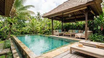 Obraz premium Luxury tropical private pool retreat with woven roof and lush garden surroundings in a cinematic widescreen view for high end travel lifestyle advertisements and serene vacation resort marketing.