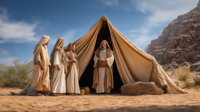 A daytime desert tent scene of abraham welcoming three visitors with humility and hospitality near the entrance of his tent under soft natural light.