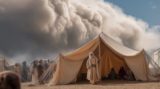 A daytime desert tent scene of abraham welcoming three visitors with humility and hospitality near the entrance of his tent under soft natural light.