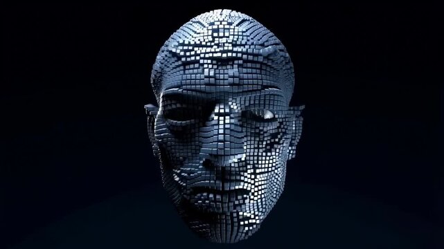 Transforming digital mask: futuristic face composed of floating blocks in motion