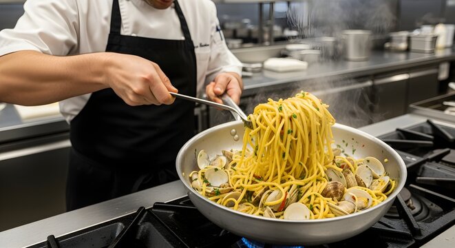 A chef tossing fresh linguine with clams and white wine sauce in a large saut?(C) pan.