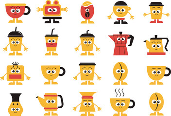 Obraz premium Cute coffee cup and drink character icons set isolated on transparent background, Vector