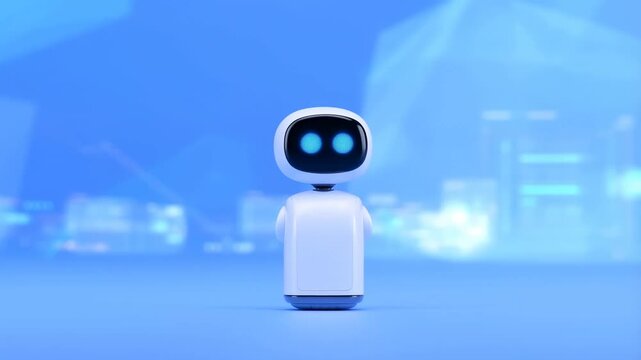 Static shot of small white robot turning head in futuristic blue digital studio environment, friendly ai assistant centered with subtle head rotation and soft neon glow