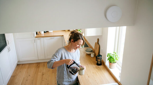 Installing surveillance cameras in household appliances or fire alarms, woman pouring coffee in kitchen early in morning, concept with copy space for text about spy cameras and covert monitoring