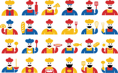 Obraz premium Set of colorful flat chef icons with kitchen tools isolated on transparent background, Vector