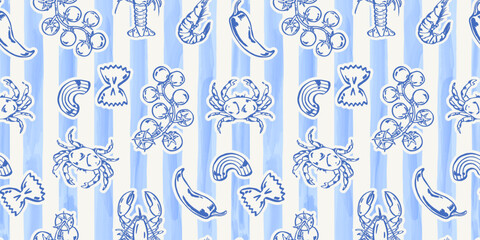 Obraz premium Mediterranean watercolor pattern with pale blue vertical stripes, blue line drawings of grapes, fish, shells, pasta shapes, leaves, flowers, and small food motifs, for wrapping paper and stationery.