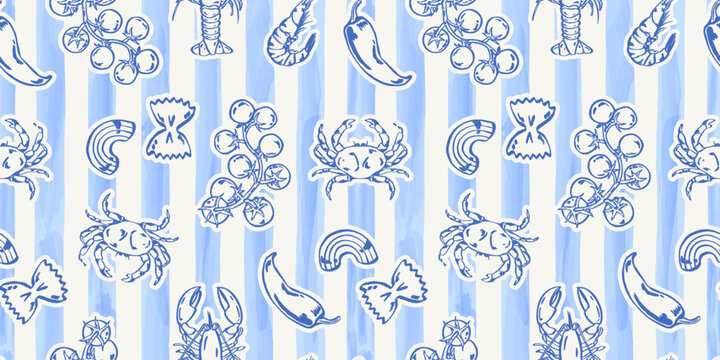 Mediterranean watercolor pattern with pale blue vertical stripes, blue line drawings of grapes, fish, shells, pasta shapes, leaves, flowers, and small food motifs, for wrapping paper and stationery.