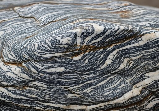 Abstract closeup of a textured metamorphic rock showing intricate swirling patterns and mineral bands