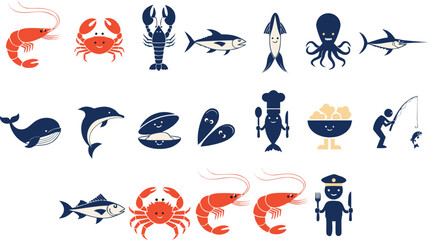 Obraz premium Set of sea food and marine animal icons isolated on transparent background, Vector