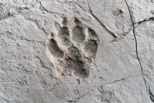 A fossilized animal paw print is etched into a cracked, pale stone surface