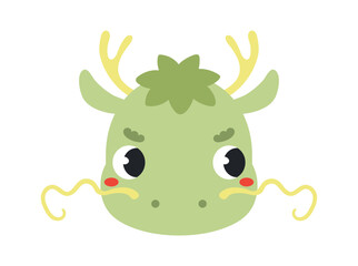 Fototapeta premium Cute little Chinese dragon face illustration isolated. Kawaii cartoon character. Wild animal, baby animal, wildlife, nature, fauna. Kids print, design element, clip art. Hand drawn flat vector