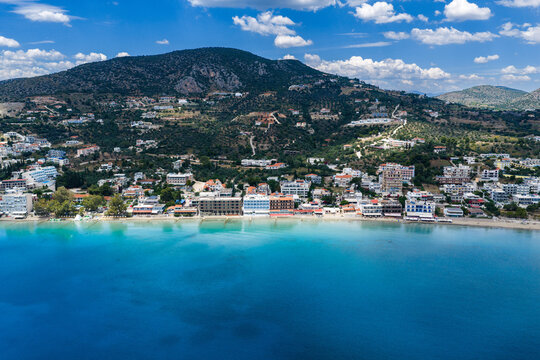 Aerial view of Tolo beachfront and coastline, Greece