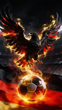 Black eagle with fiery wings emerging above a soccer ball, set against a backdrop of the German flag in a dramatic sports-themed illustration