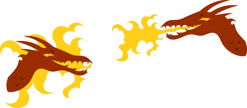 Vector illustration of two simple cartoon dragon heads in profile, one breathing a fiery blast and one calm. Flat colored isolated fantasy creature characters.