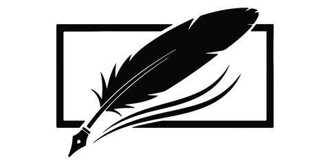 Modern vintage feather quill pen vector logo illustration with rectangular frame. © FahimGFX