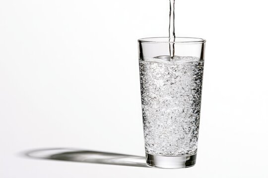 Clear liquid streams into a tall glass, creating effervescent bubbles