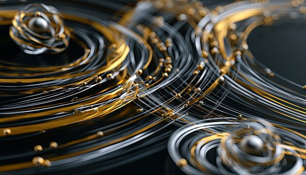 Abstract metallic swirls, spheres, and lines in gold and silver