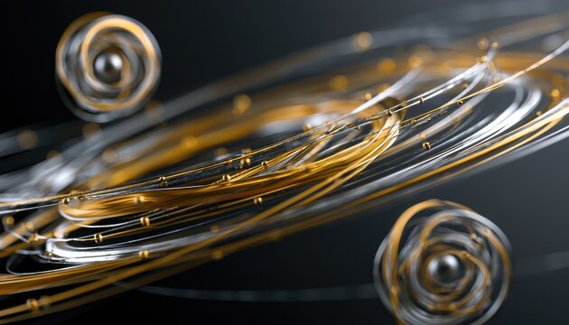 Swirling golden and silver strands with glowing beads on dark background