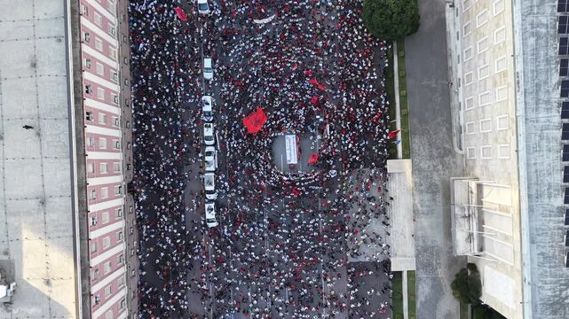 Vertical Drone View of Crowded Tirana Protest Route, about Zvernec case and saving Flamingos, also asking prime minister resignation, day 10 of protest