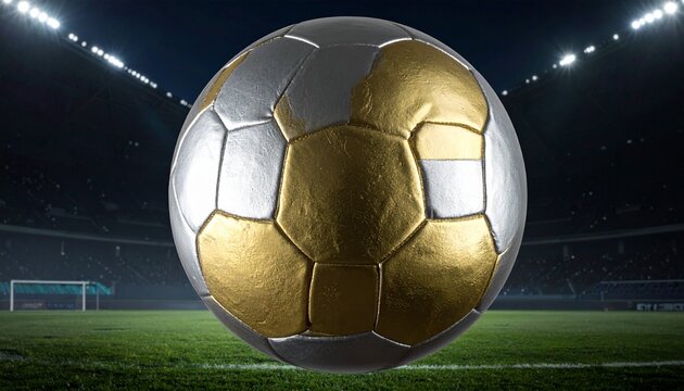 Metallic silver-gold soccer ball with pentagonal and hexagonal panels, illuminated by bright stadium floodlights, centered on field, blending tradition and innovation under night sky.