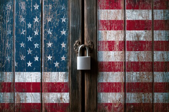 Rustic wooden doors painted with a distressed American flag, secured by a padlock