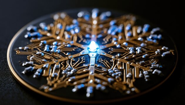Intricate snowflake design with glowing blue LEDs on a dark background