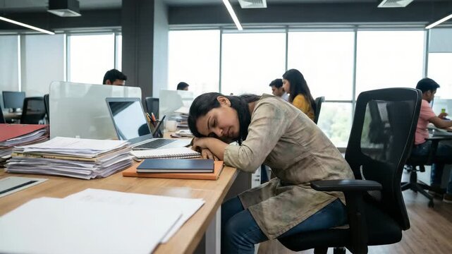 overworked indian woman sleeping on office table with documents video