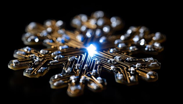 A delicate snowflake ornament made of glowing circuitry, symbolizing tech and winter