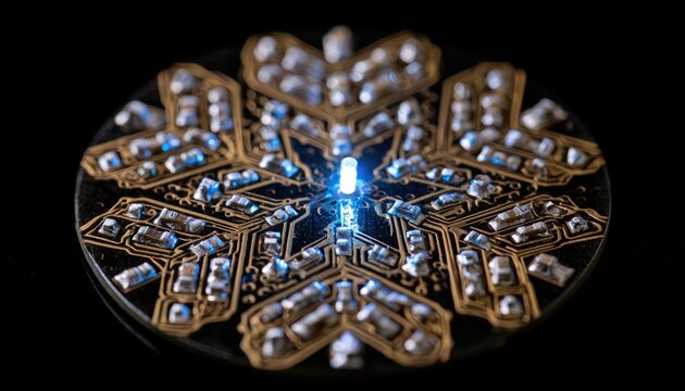 Intricate snowflake-shaped circuit board with glowing blue center