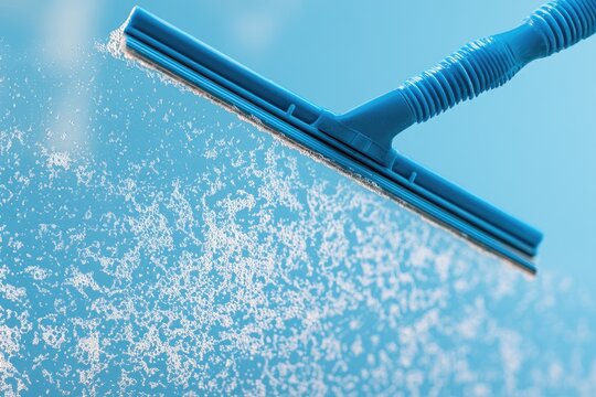 Blue squeegee wiping away foam from clear surface