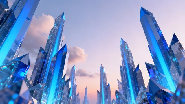 Blue crystallike skyscrapers in sky