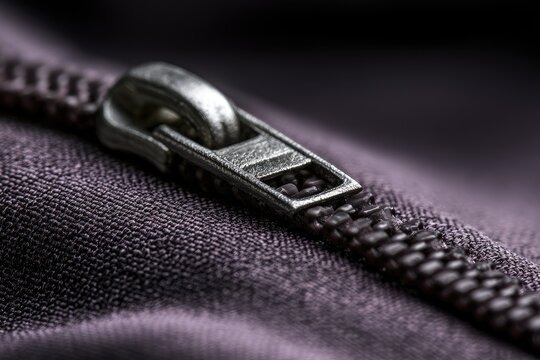 Macro shot of a metal zipper slider and teeth on textured purple fabric