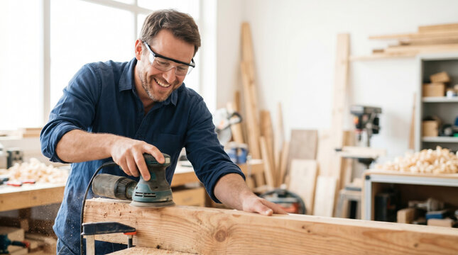 Smiling man sanding wooden planks in workshop. Engaged in active woodworking, the smiling man skillfully sands pine wood planks with electric sander.