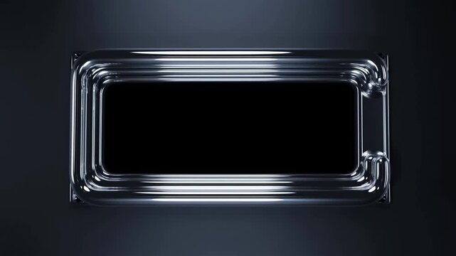 Static shot of metallic bezel rectangle filling as liquid chrome flows and pools into inner cavity on dark studio surface