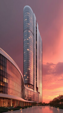 Modern Glass Skyscraper Reflecting a Vibrant Sunset Sky