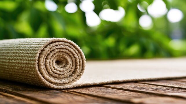Rolled natural fiber mat on weathered wooden surface, lush green foliage blurred background