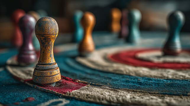 Weathered Wooden Game Pieces on a Colorful Target Board
