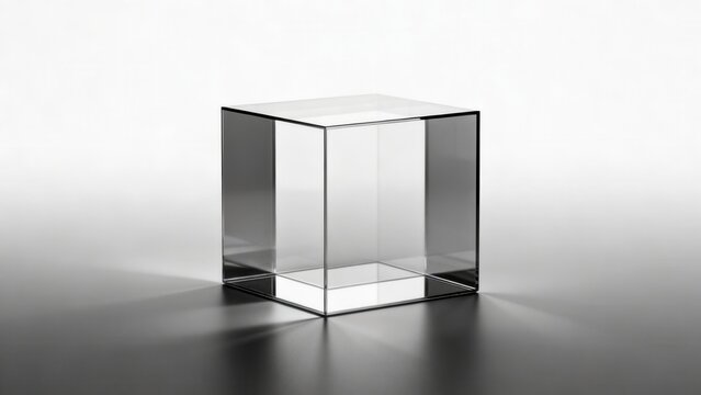 Clear glass cube on reflective surface