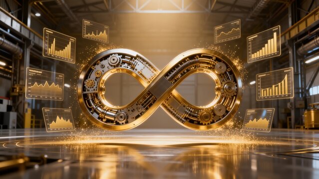 Golden infinity symbol with graphs in factory