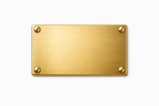 Close-up of gold metal plate with screws on white background